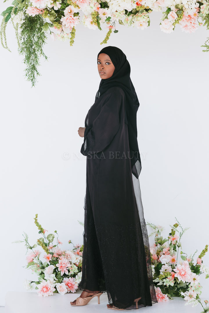 Black Rhinestone Floral Organza