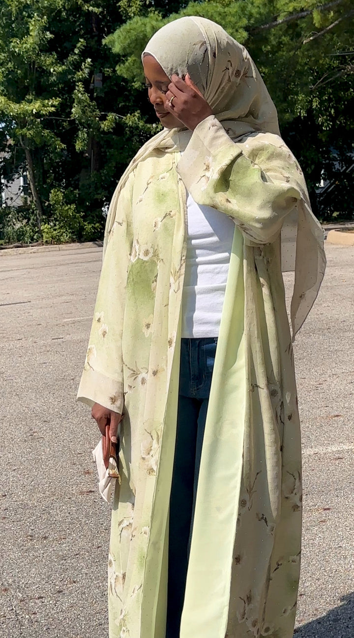Green Rhinestone Floral Abaya
