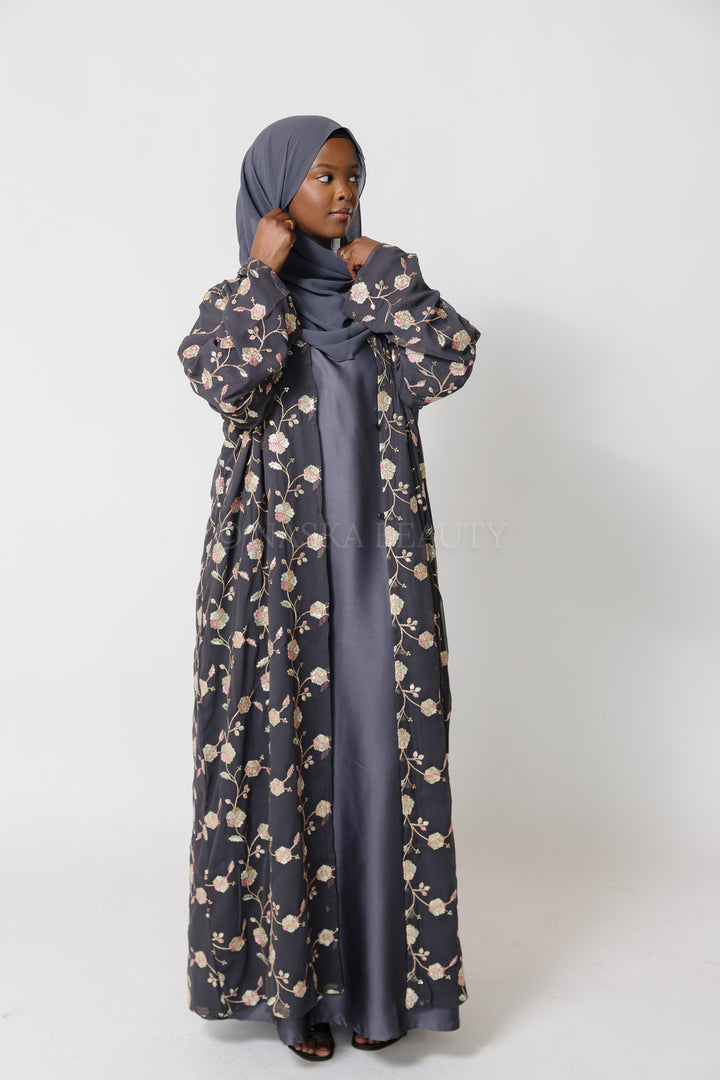 Grey Hand-Beaded Embroidered Abaya – 3 Piece Set