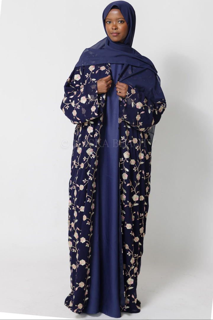 Navy Hand-Beaded Embroidered Abaya – 3 Piece Set