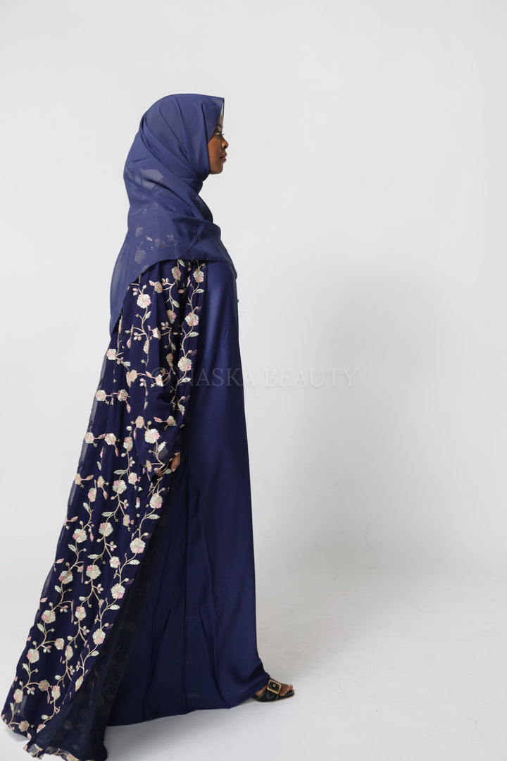 Navy Hand-Beaded Embroidered Abaya – 3 Piece Set