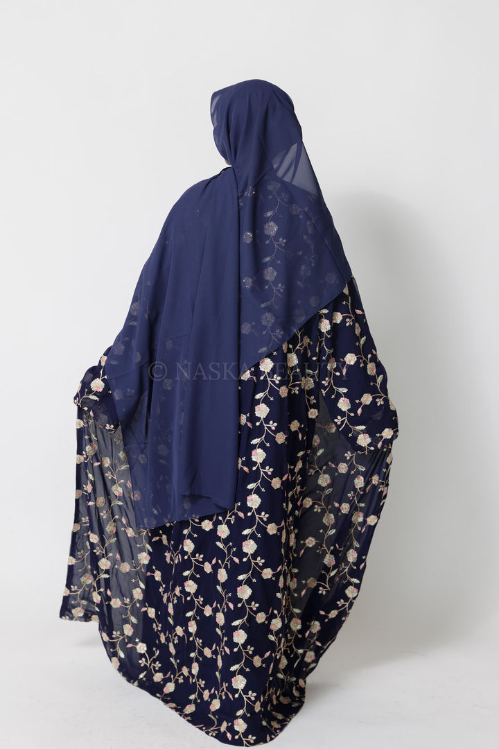 Navy Hand-Beaded Embroidered Abaya – 3 Piece Set