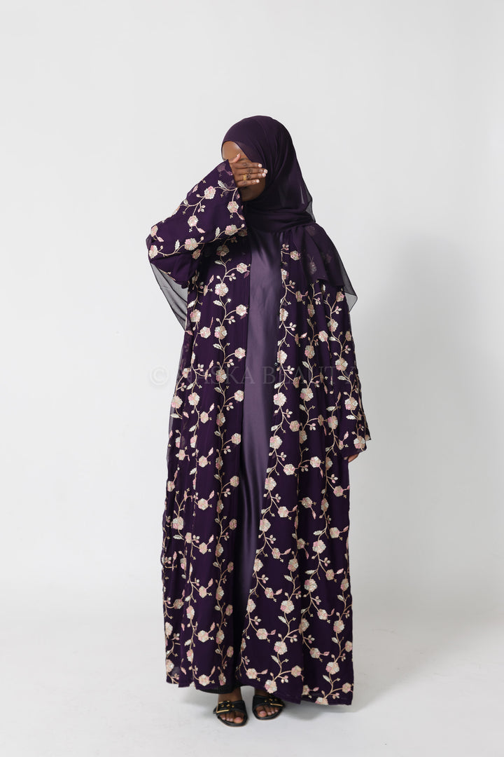 Purple Hand-Beaded Embroidered Abaya – 3 Piece Set