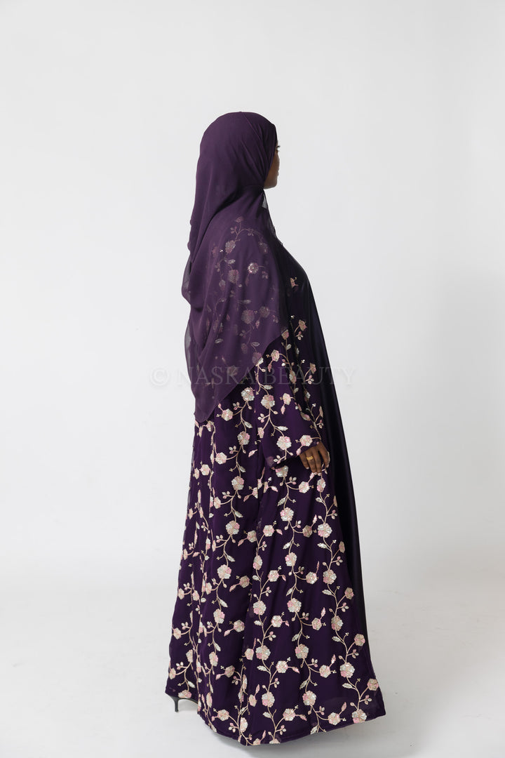 Purple Hand-Beaded Embroidered Abaya – 3 Piece Set