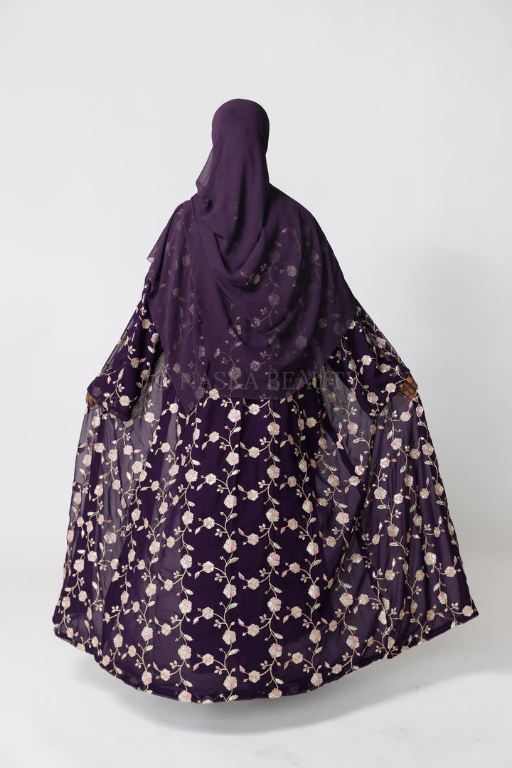 Purple Hand-Beaded Embroidered Abaya – 3 Piece Set
