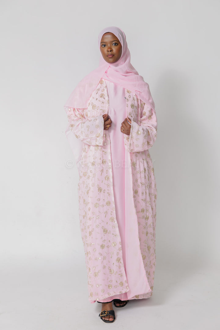 Pink Hand-Beaded Embroidered Abaya – 3 Piece Set