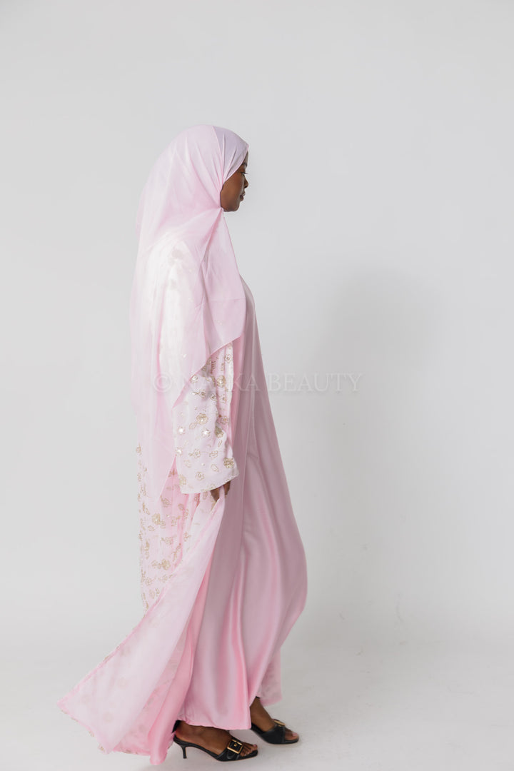 Pink Hand-Beaded Embroidered Abaya – 3 Piece Set