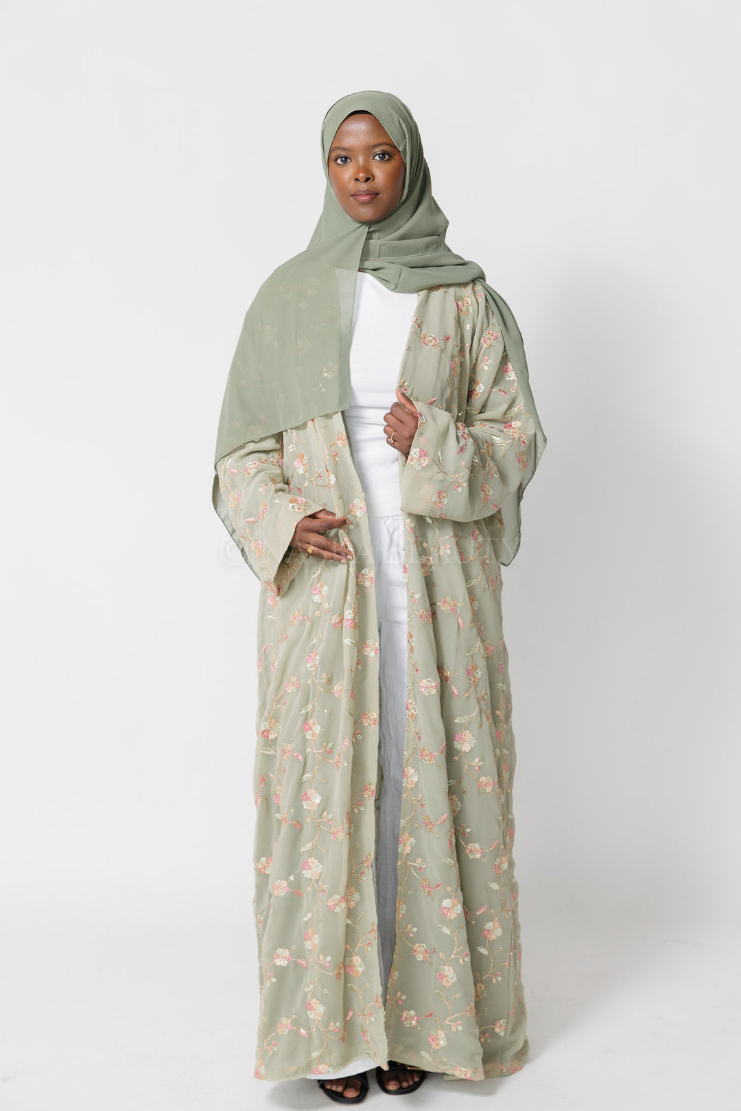 Sage Hand-Beaded Embroidered Abaya - No dress