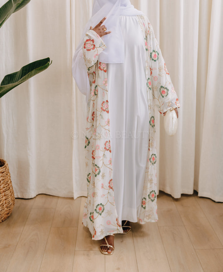 White Hand-Beaded Embroidered Abaya – 3 Piece Set