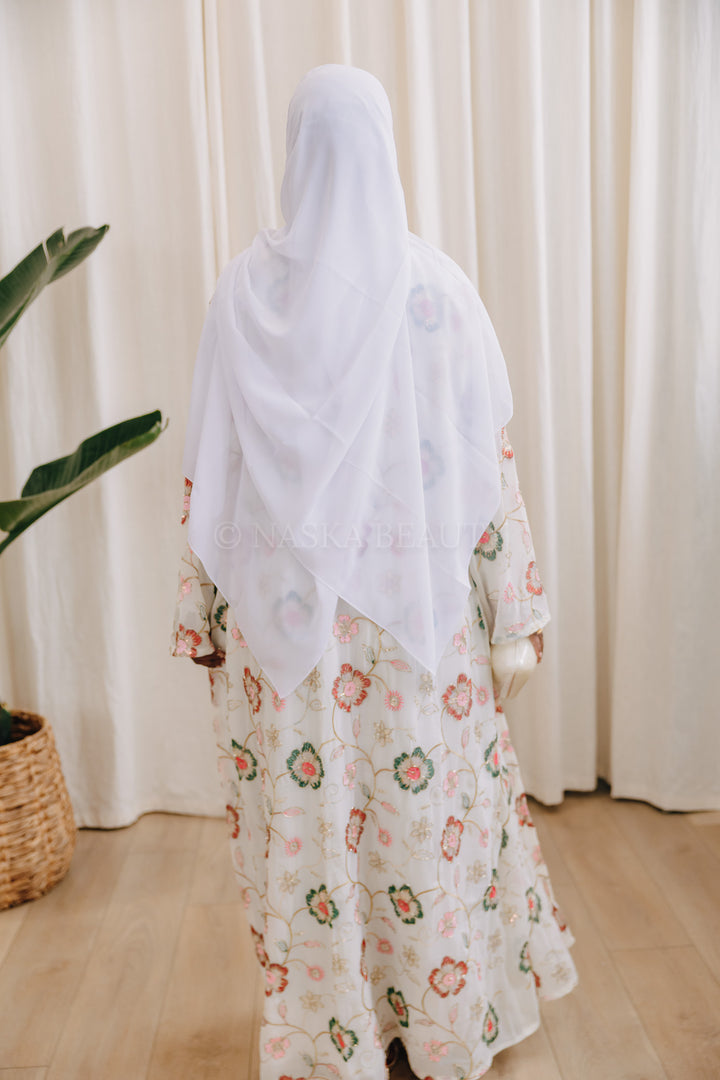 White Hand-Beaded Embroidered Abaya – 3 Piece Set