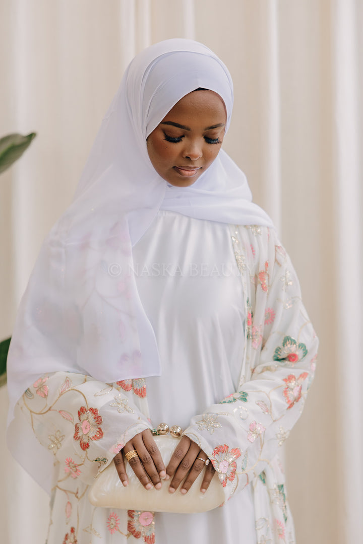 White Hand-Beaded Embroidered Abaya – 3 Piece Set