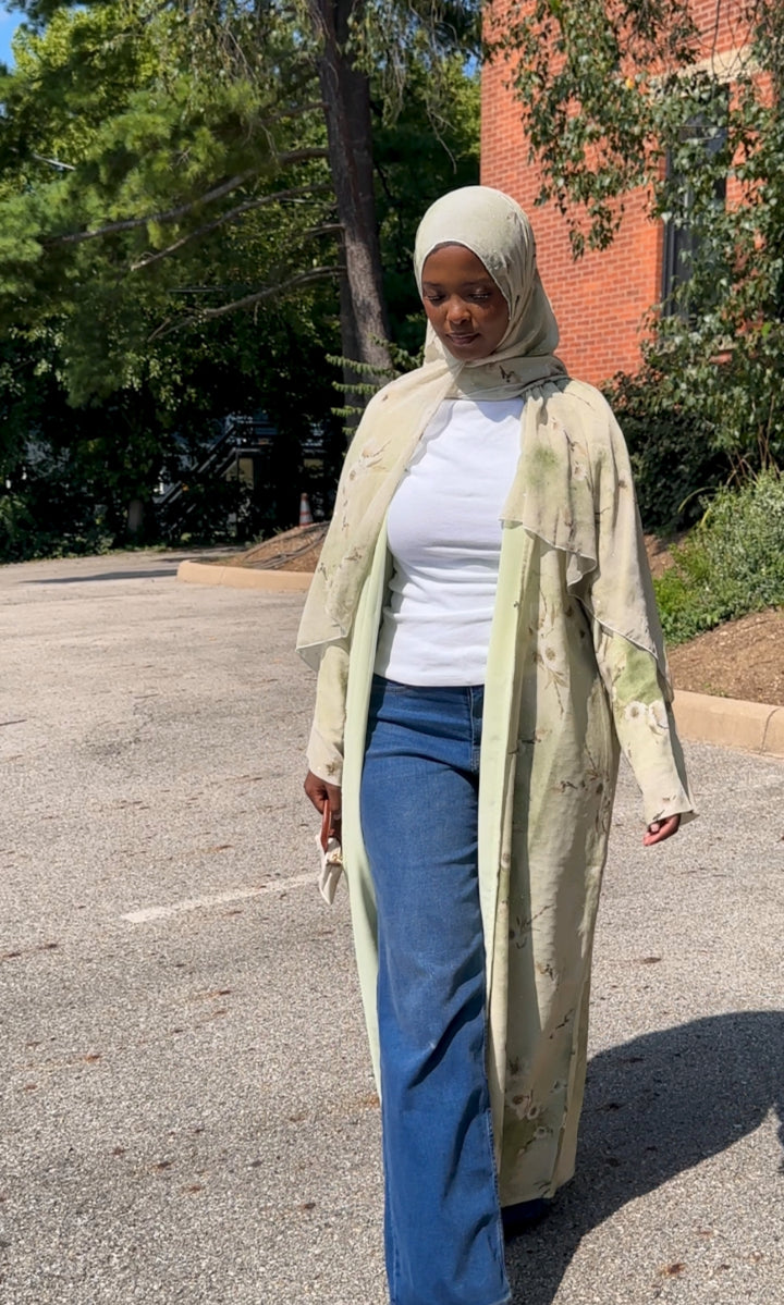 Green Rhinestone Floral Abaya